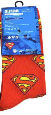 Superman Crew Kids Socks 4 Pack Asst. Size 13-3