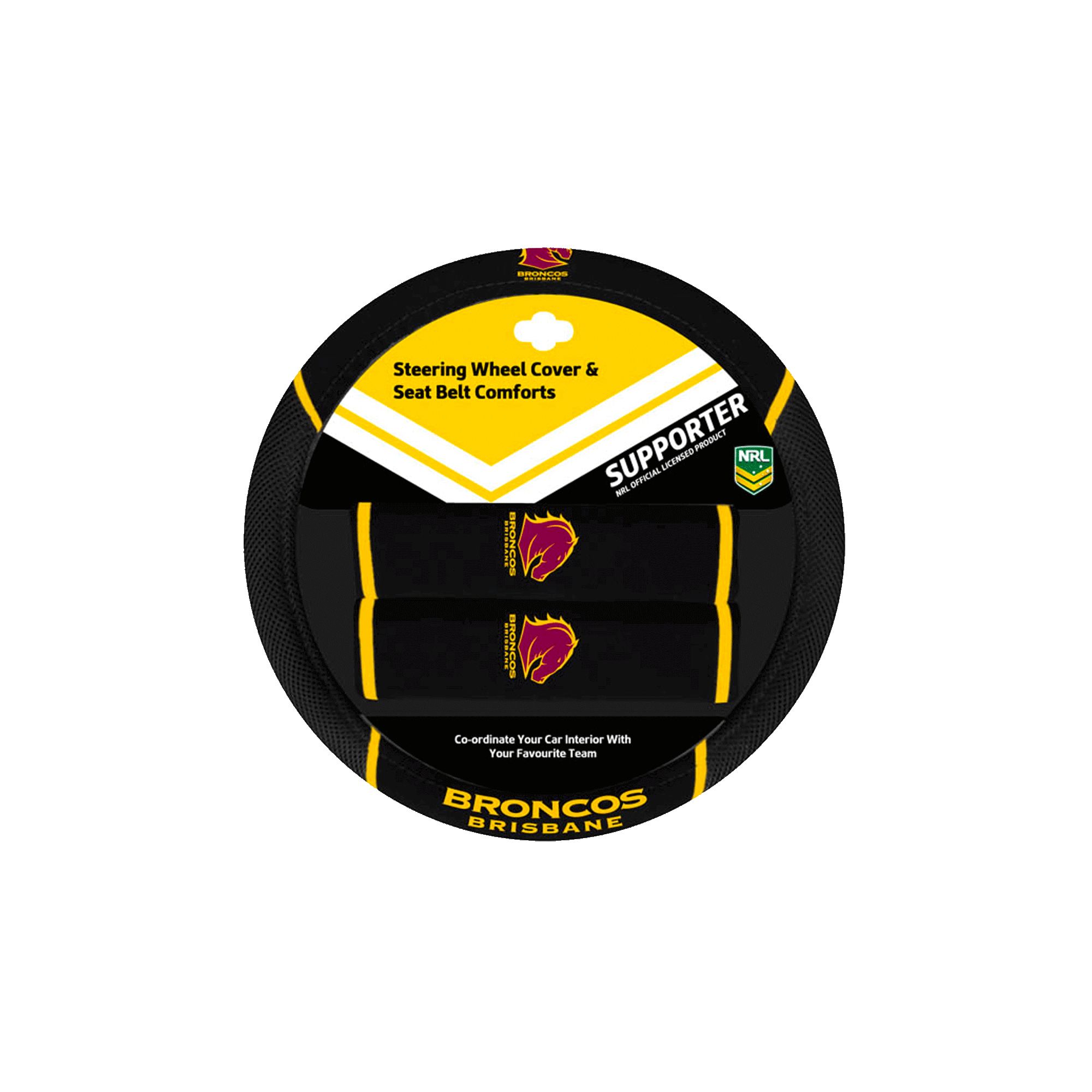 BRISBANE BRONCOS STEERING COVER AND SEAT BELT COMFORTS SET_BRISBANE BRONCOS_ STUBBY CLUB