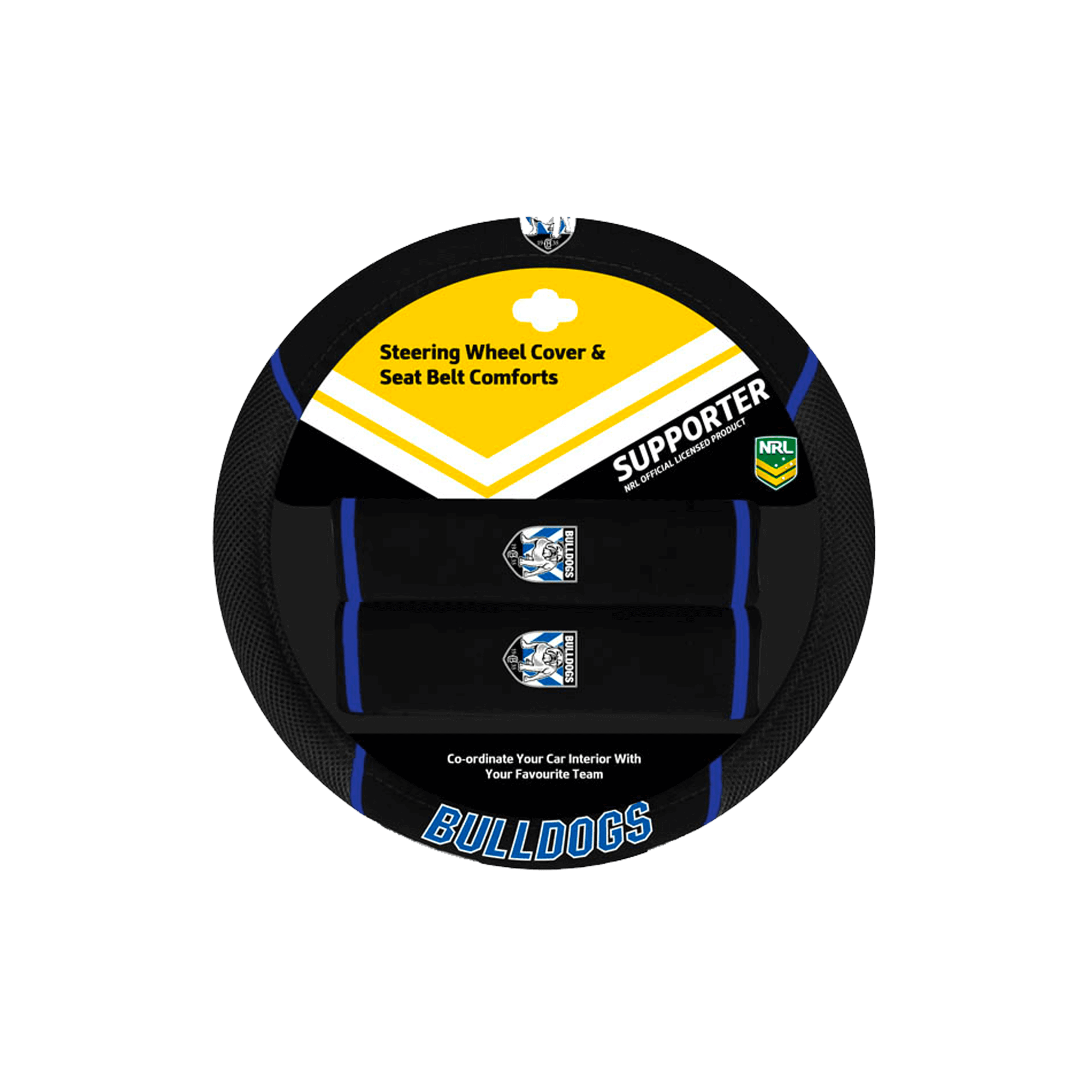 CANTERBURY BULLDOGS STEERING WHEEL COVER AND SEAT BELT COMFORTS SET_CANTERBURY BULLDOGS_ STUBBY CLUB