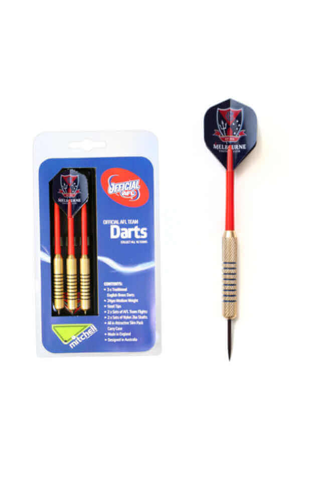 AFL BRASS DARTS 3 X DARTS FLIGHTS & SHAFTS IN CASE_MELBOURNE DEMONS_STUBBY CLUB