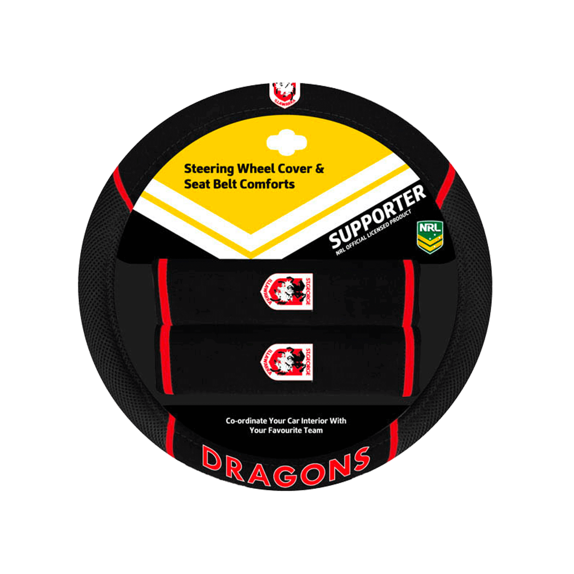 ST GEORGE ILLAWARRA DRAGONS STEERING WHEEL COVER AND SEAT BELT COMFORTS SET_ST GEORGE ILLAWARRA DRAGONS_STUBBY CLUB