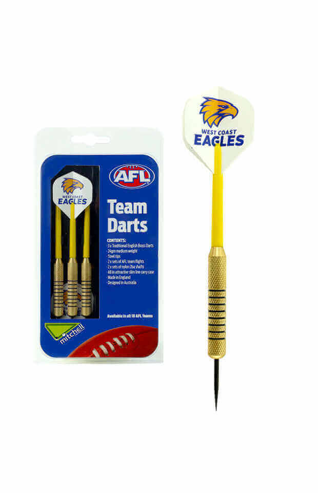 AFL BRASS DARTS 3 X DARTS FLIGHTS & SHAFTS IN CASE_WEST COAST EAGLES_STUBBY CLUB