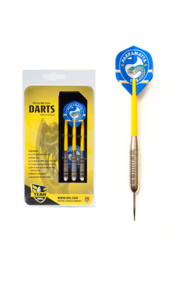 PARRAMATTA EELS NRL BRASS DARTS 3 X DARTS FLIGHTS & SHAFTS IN CASE_PARRAMATTA EELS_STUBBY CLUB