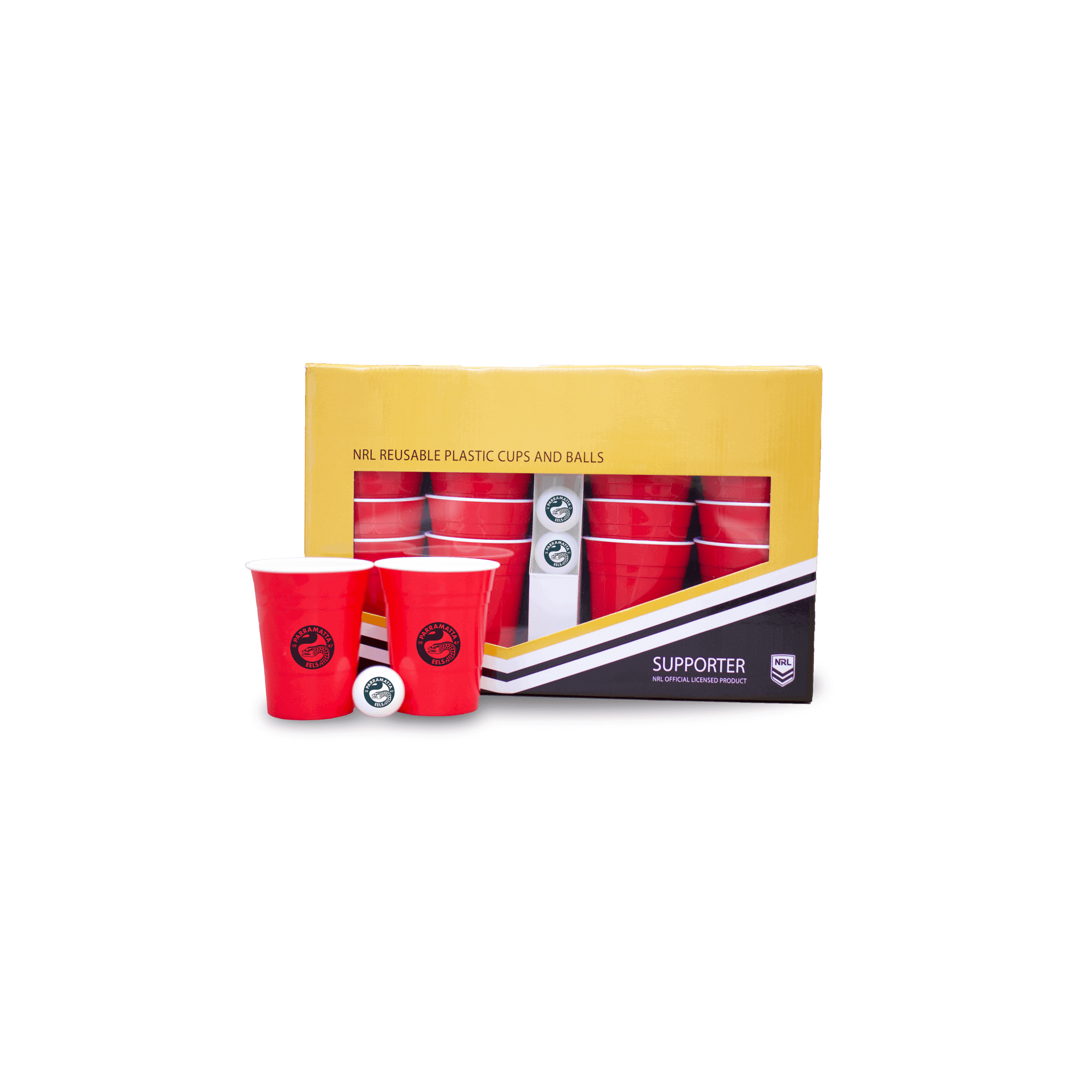NRL REUSABLE BEER PONG CUPS AND BALLS_PARRMATTA EELS_STUBBY CLUB
