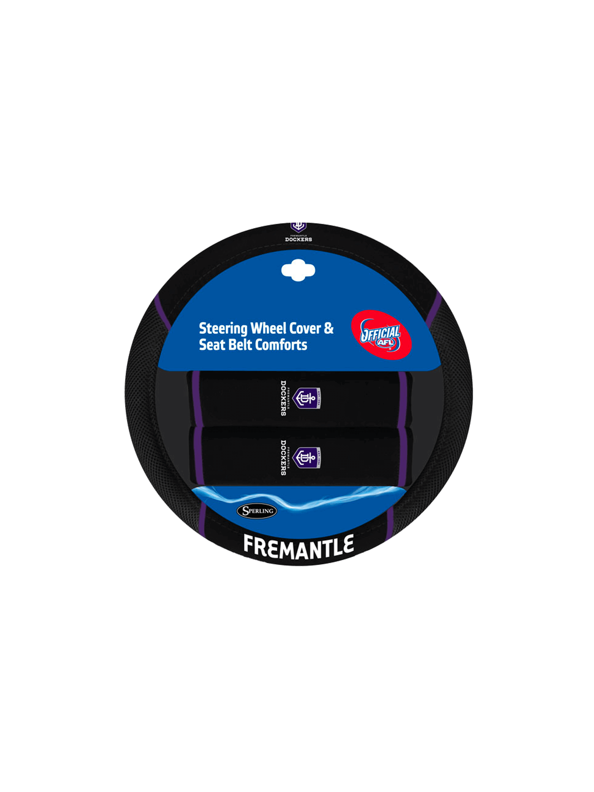 FREMANTLE DOCKERS STEERING WHEEL COVER AND SEAT BELT COMFORTS SET_FREMANTLE DOCKERS_STUBBY CLUB