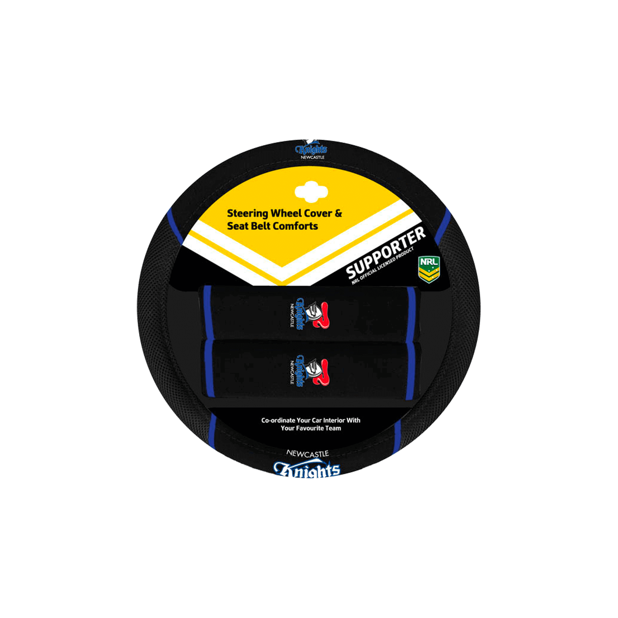 NEWCASTLE KNIGHTS STEERING WHEEL COVER AND SEAT BELT COMFORTS SET_NEWCASTLE KNIGHTS_STUBBY CLUB