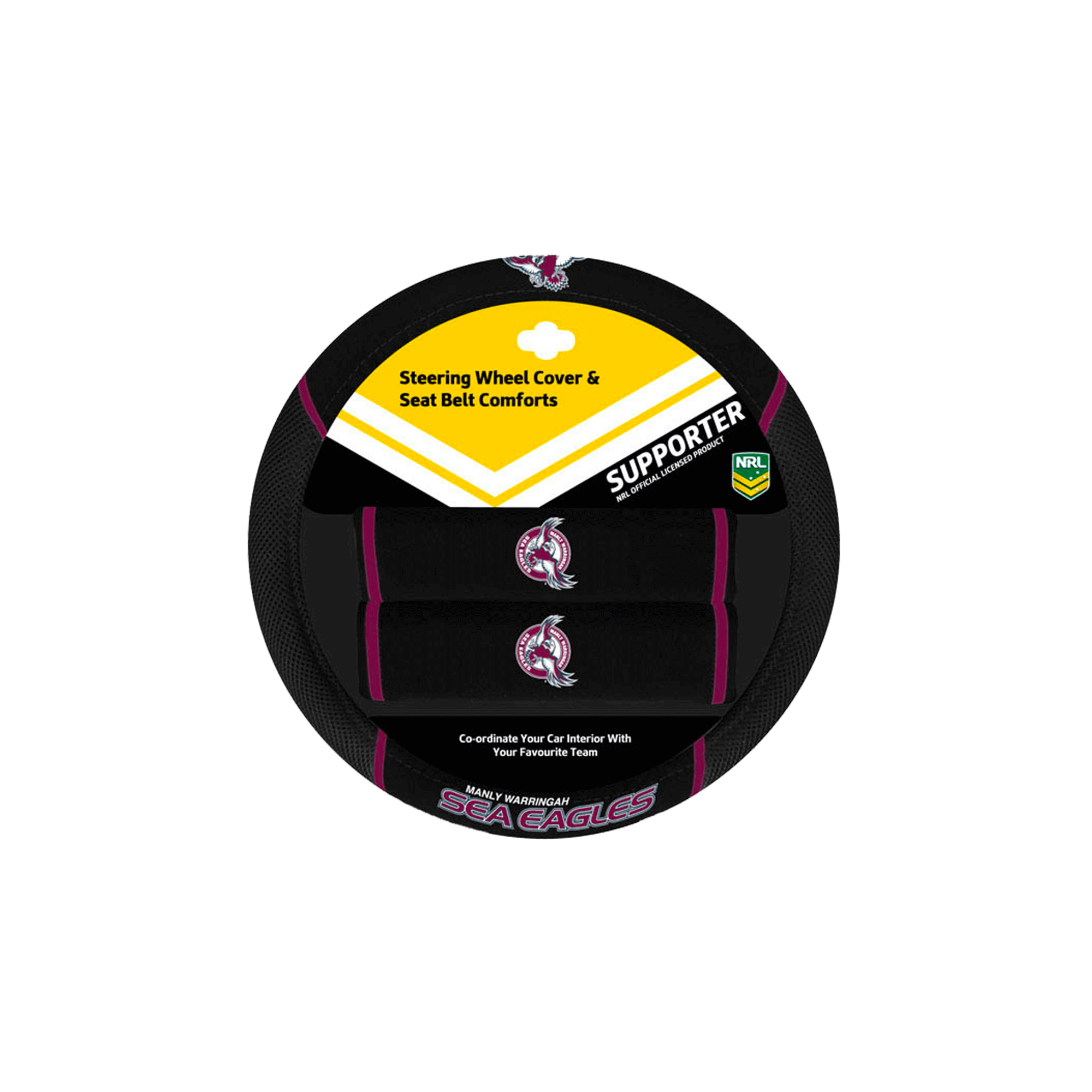 MANLY SEA EAGLES STEERING WHEEL COVER AND SEAT BELT COMFORTD SET_MANLY SEA EAGLES_STUBBY CLUB