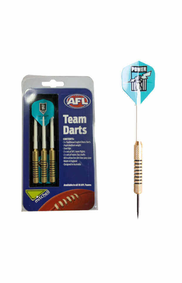 AFL BRASS DARTS 3 X DARTS FLIGHTS & SHAFTS IN CASE_PORT ADELAIDE POWER_STUBBY CLUB