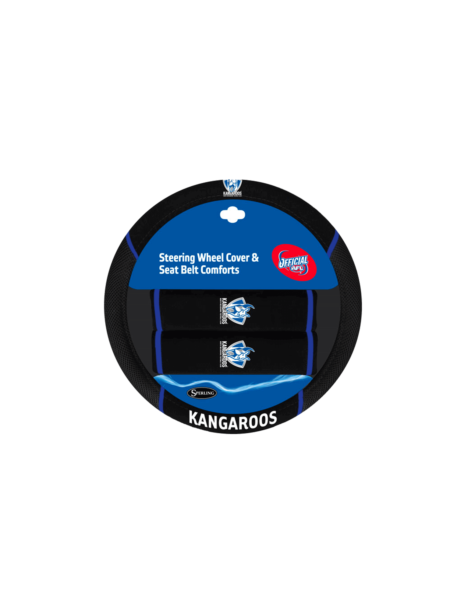 NORTH MELBOURNE KANGAROOS STEERING WHEEL COVER AND SEAT BELT COMFORTS SET_MELBORNE KANGAROOS_STUBBY CLUB