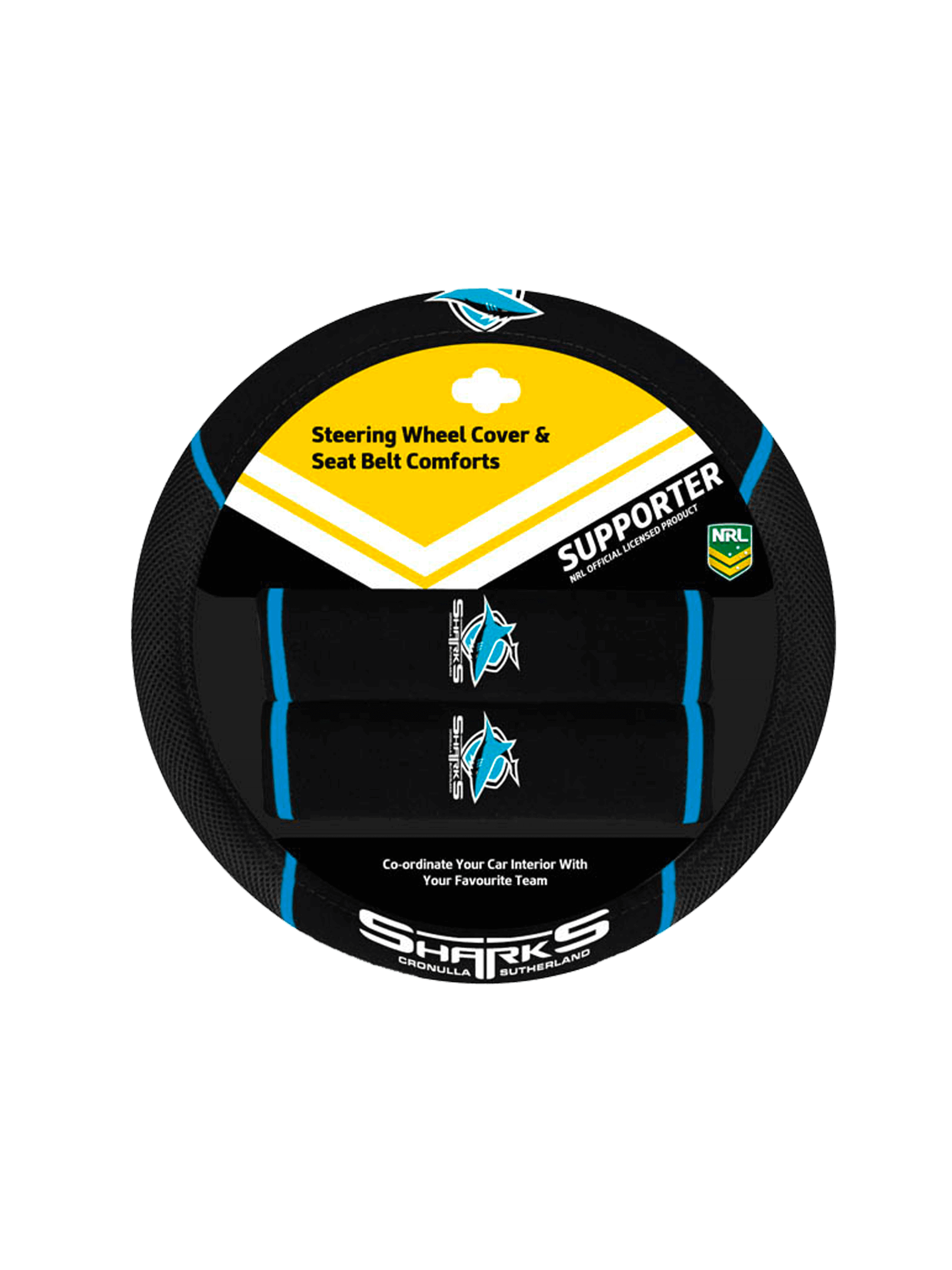 CRONULLA SHARKS STEERING WHEEL COVER AND SEATEBELT COMFORTS SET_CRONULLA SHARKS_STUBBY CLUB