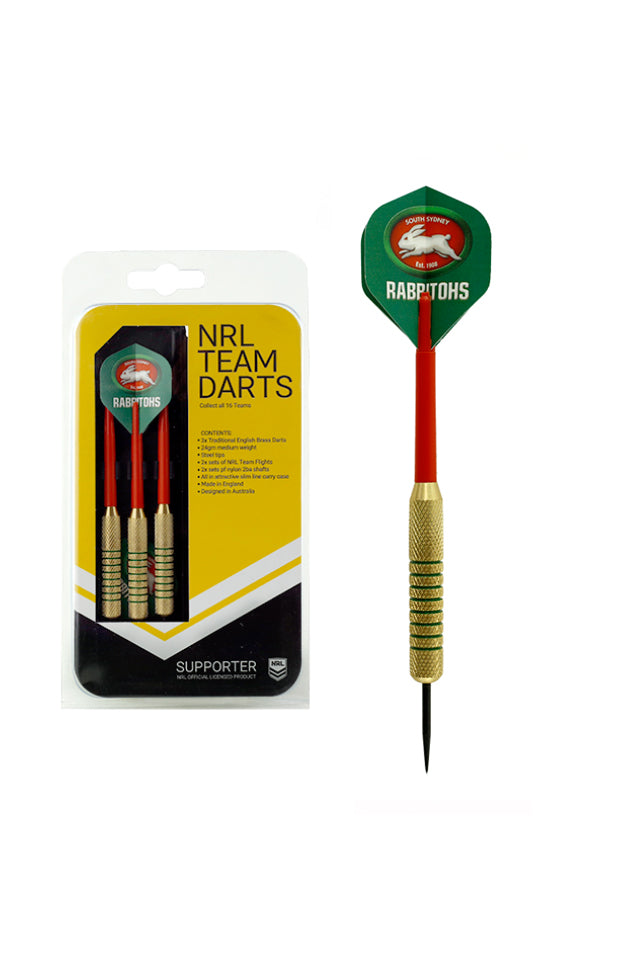 SOUTH SYDNEY RABBITOHS NRL BRASS DARTS 3 X DARTS FLIGHTS & SHAFTS IN CASE_SOUTH SYDNEY RABBITOHS_STUBBY CLUB