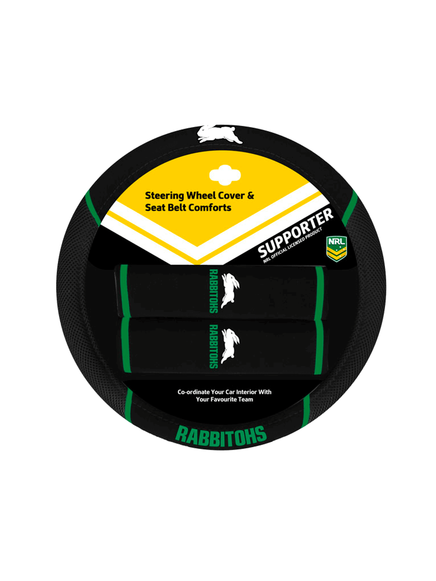 SOUTH SYDNEY RABBITOHS STEERING WHEEL COVER AND SEAT BELT COMFORTS SET_SOUTH SYNEY RABBITOHS_STUBBY CLUB