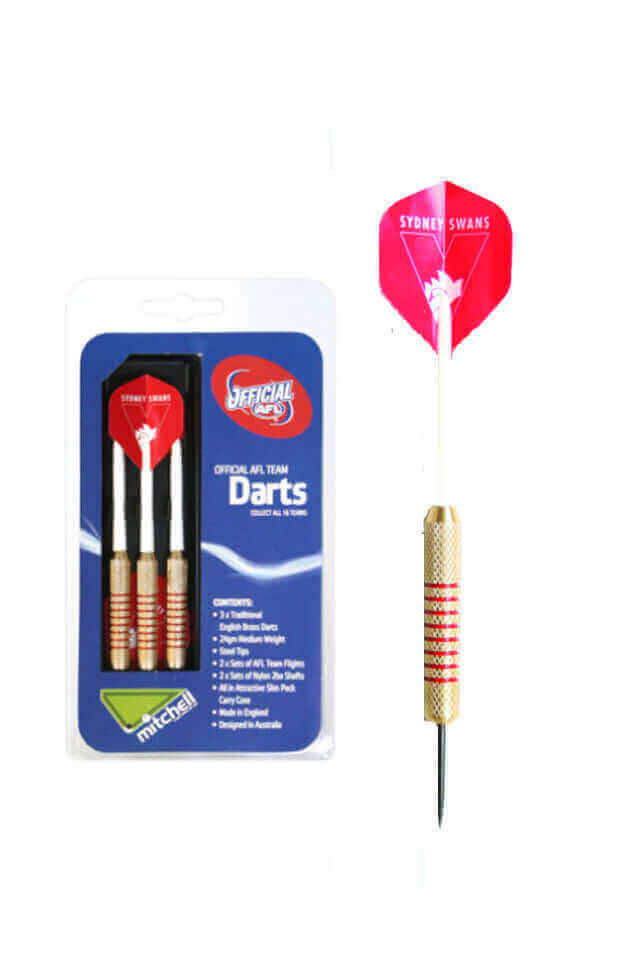 AFL BRASS DARTS 3 X DARTS FLIGHTS & SHAFTS IN CASE_SYDNEY SWANS_STUBBY CLUB
