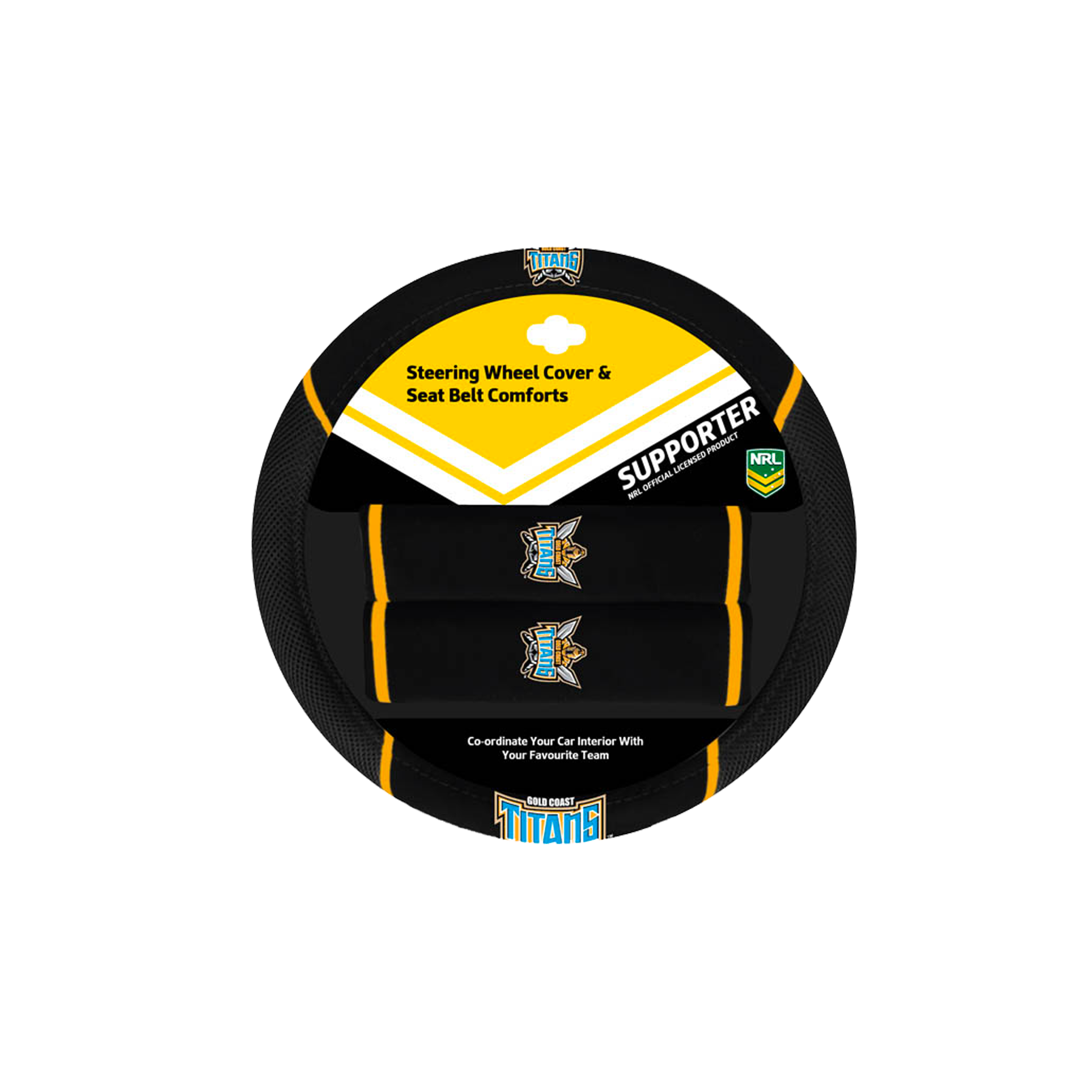 Gold Coast Titans Steering Wheel Cover And Seat Belt Comfort Set