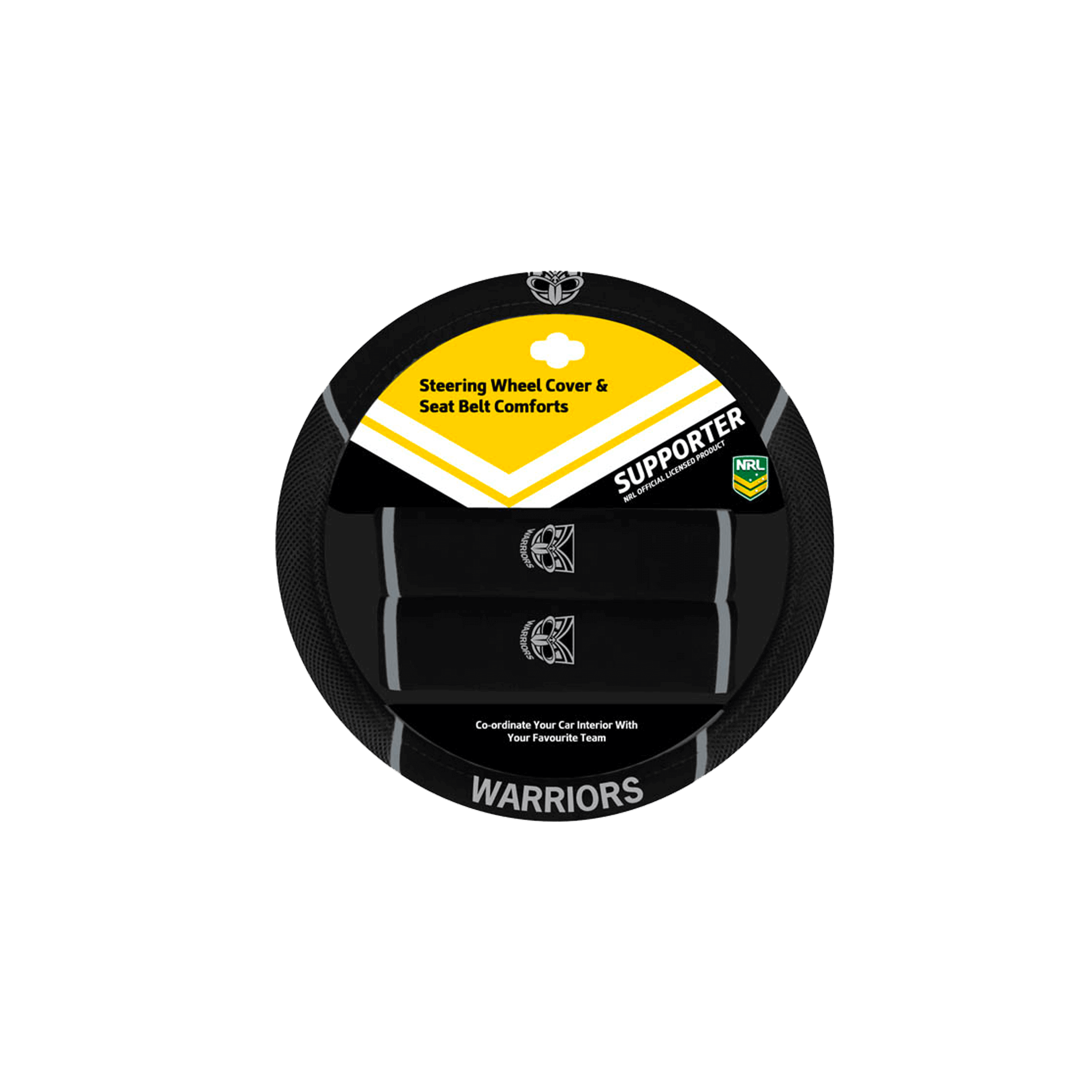 NEW ZEALAND WARRIORS STEERING WHEEL COVER AND SEAT BELT COMFORTS SET_NEW ZEALAND WARRIORS_STUBBY CLUB