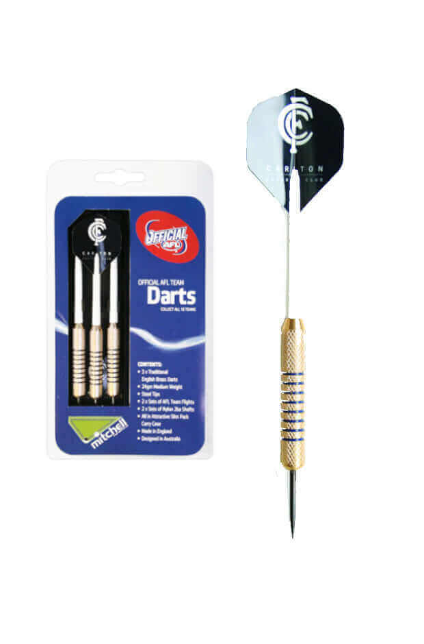 AFL BRASS DARTS 3 X DARTS FLIGHTS & SHAFTS IN CASE_CARLTON BLUES_STUBBY CLUB