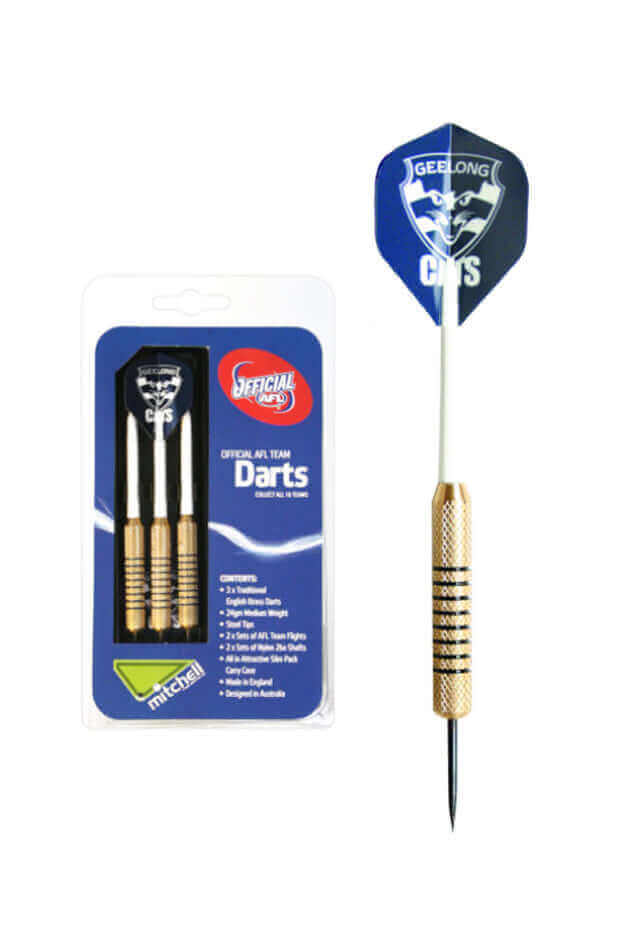 AFL BRASS DARTS 3 X DARTS FLIGHTS & SHAFTS IN CASE_GEELONG CATS_STUBBY CLUB