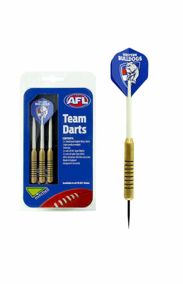 AFL BRASS DARTS 3 X DARTS FLIGHTS & SHAFTS IN CASE_WESTERN BULLDOGS_STUBBY CLUB