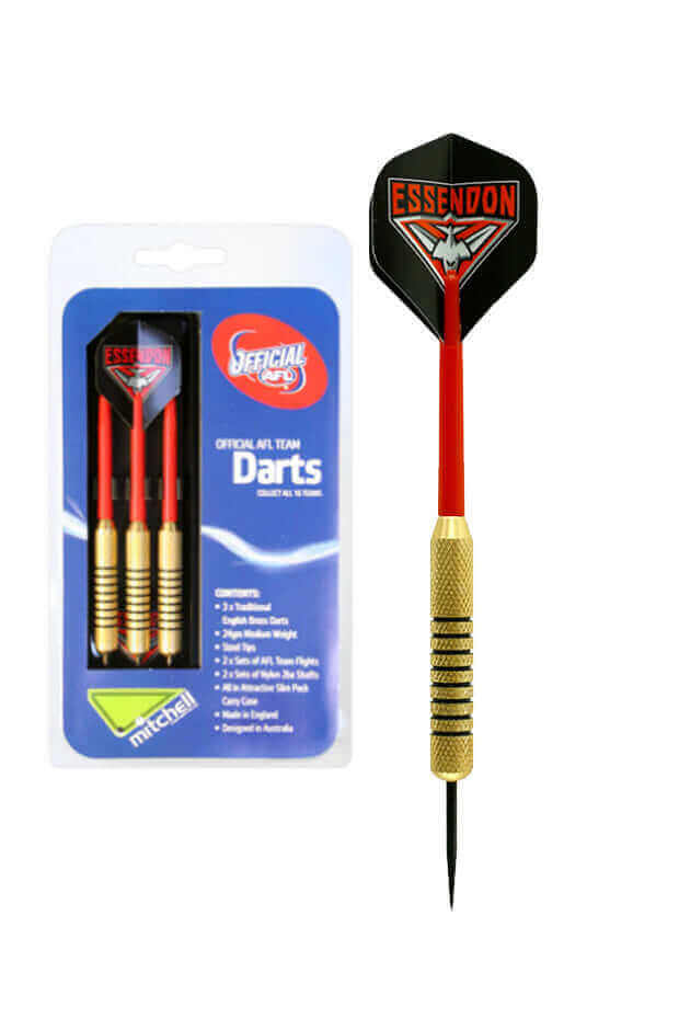 AFL BRASS DARTS 3 X DARTS FLIGHTS & SHAFTS IN CASE_ESSENDON BOMBERS_STUBBY CLUB