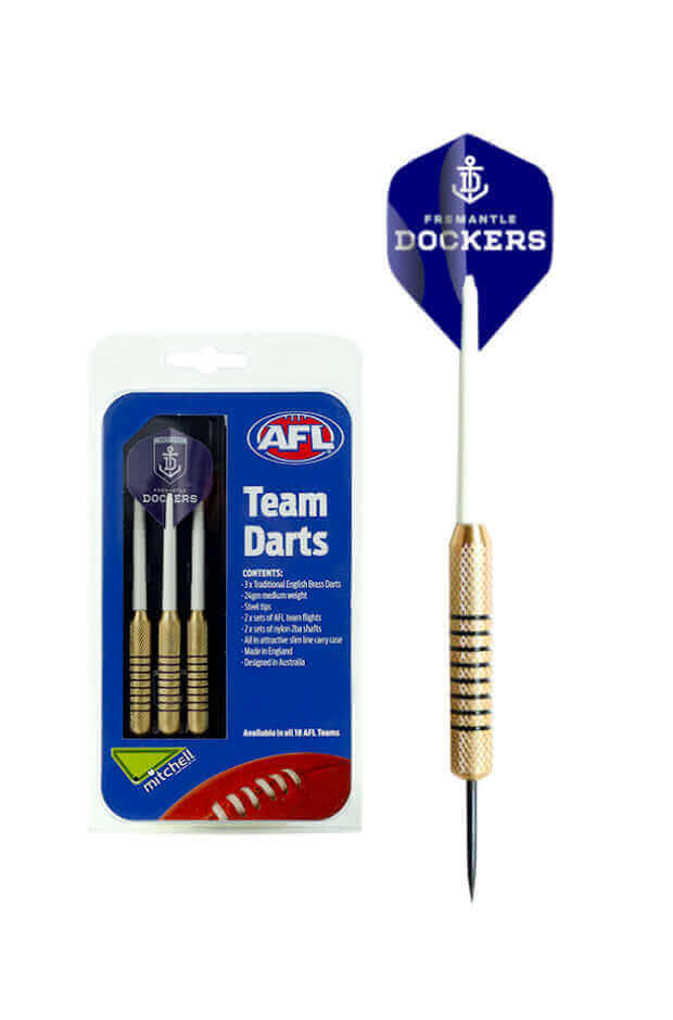 AFL BRASS DARTS 3 X DARTS FLIGHTS & SHAFTS IN CASE_FREMENTLE DOCKERS_STUBBY CLUB