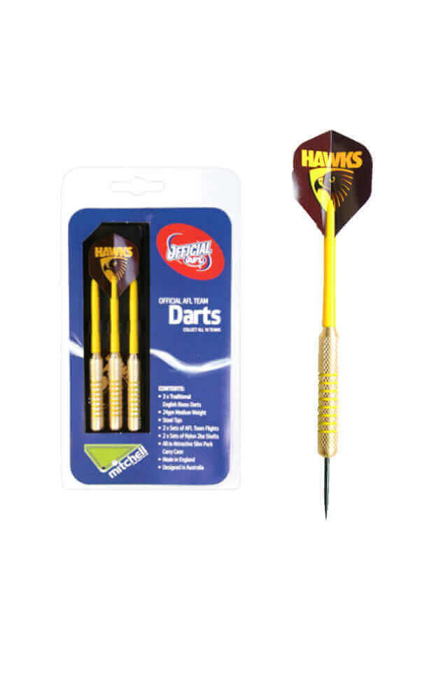AFL BRASS DARTS 3 X DARTS FLIGHTS & SHAFTS IN CASE_HAWTHORN HAWKS-STUBBY CLUB