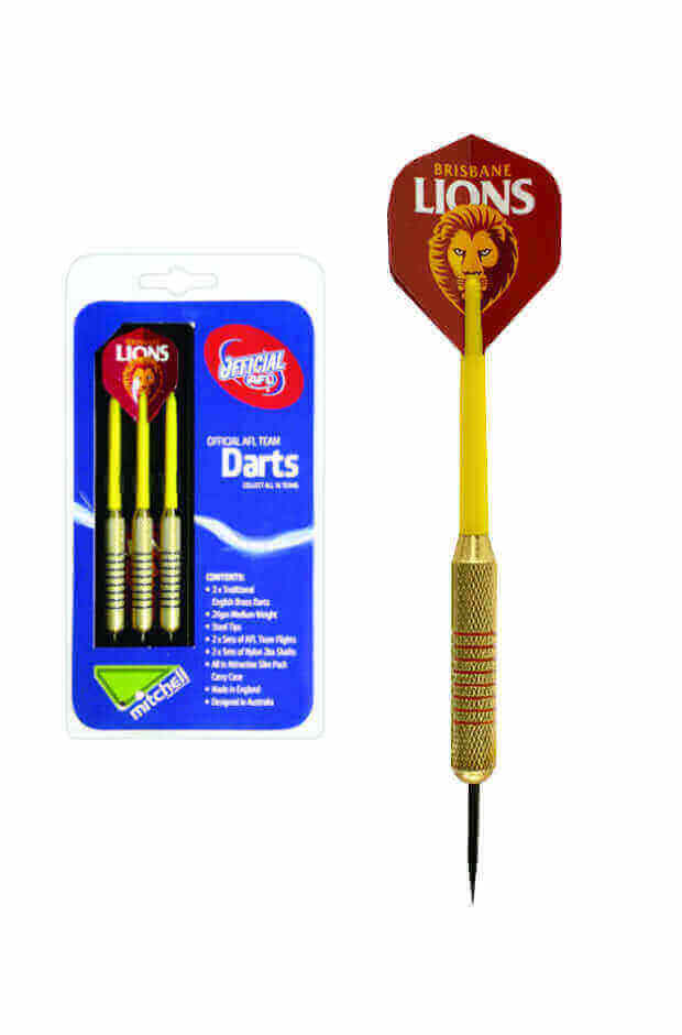 AFL BRASS DARTS 3 X DARTS FLIGHTS & SHAFTS IN CASE_BRISBANE LIONS_STUBBY CLUB