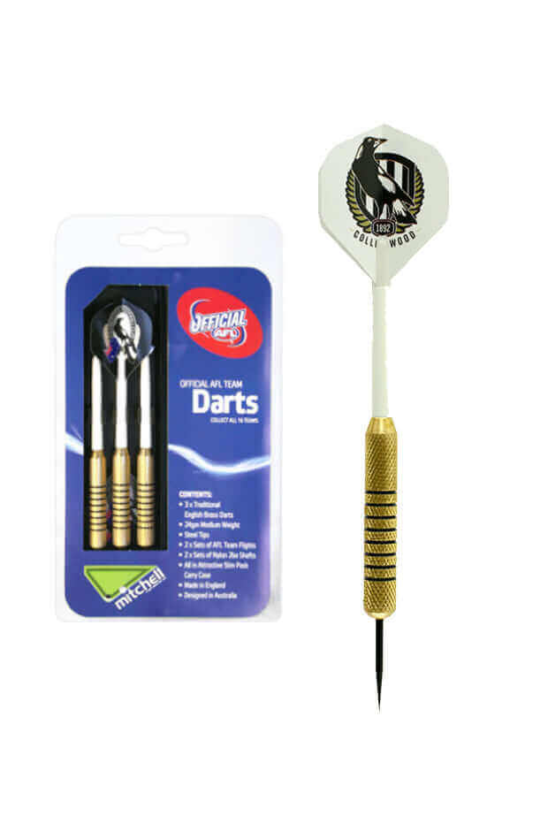 AFL BRASS DARTS 3 X DARTS FLIGHTS & SHAFTS IN CASE_COLLINGWOOD MAGPIES_STUBBY CLUB