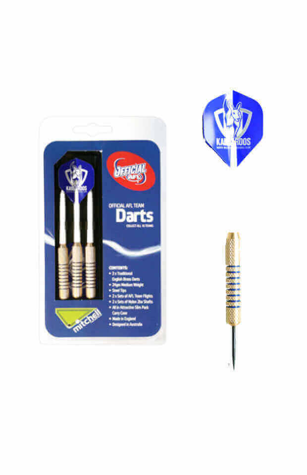 AFL BRASS DARTS 3 X DARTS FLIGHTS & SHAFTS IN CASE_NORTH MELBOURNE KANGAROOS_STUBBY CLUB