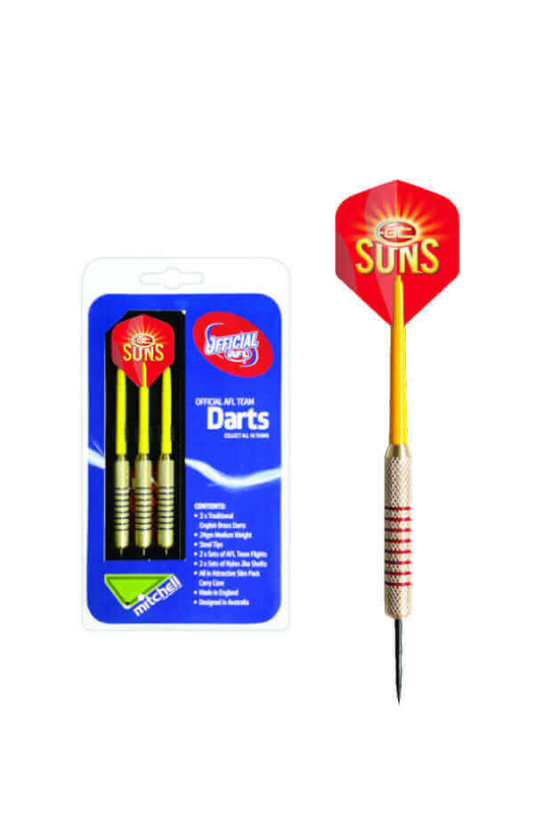 AFL BRASS DARTS 3 X DARTS FLIGHTS & SHAFTS IN CASE_GOLD COAST SUNS_STUBBY CLUB