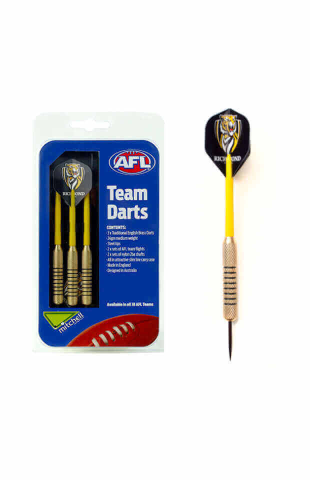 AFL BRASS DARTS 3 X DARTS FLIGHTS & SHAFTS IN CASE_RICHMOND TIGERS_STUBBY CLUB