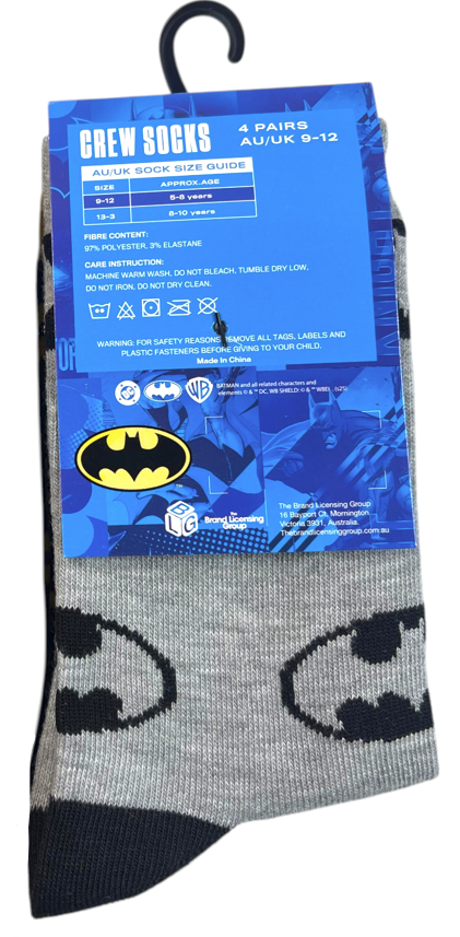 Batman Crew Kids Sock 4 Pack Asst. Size - 9-12