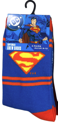 Superman Crew Kids Sock 4 Pack Asst. Size 9-12