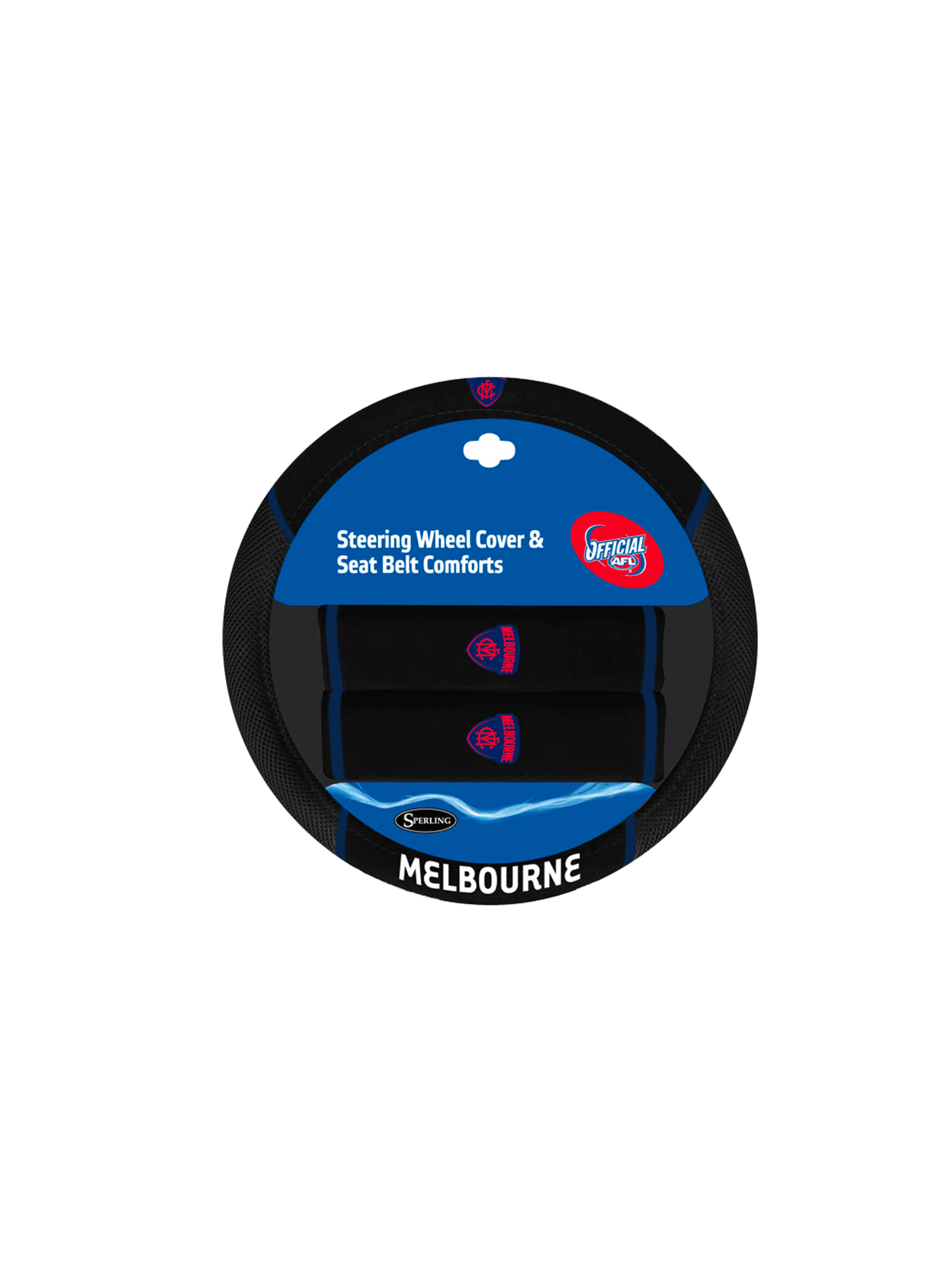 MELBOURNE DEMONS STEERING WHEEL COVER AND SEAT BELT COMFORTS SET_MELBOURNE DEMONS_STUBBY CLUB