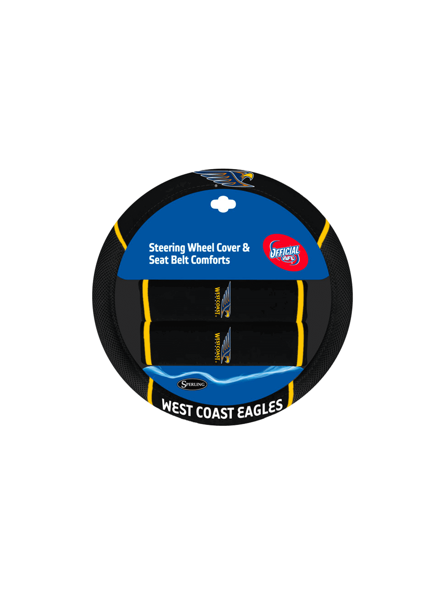 WEST COAST EAGLES STEERING WHEEL COVER AND SEATBELT COMFORTS SET_WEST COAST EAGLES_STUBBY CLUN