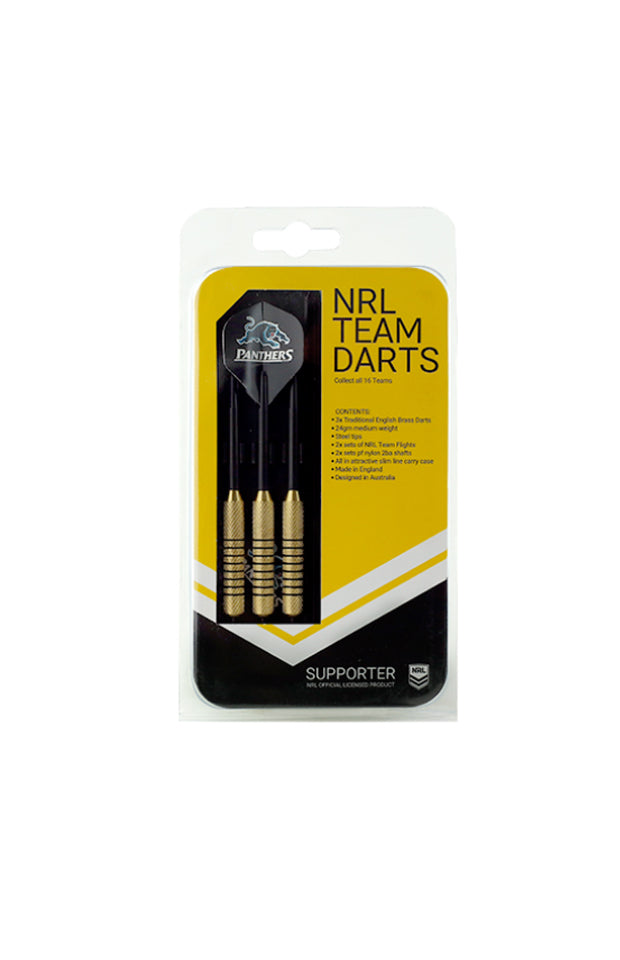 PENRITH PANTHERS NRL BRASS DARTS 3 X DARTS FLIGHTS & SHAFTS IN CASE_PENRITH PANTHERS_STUBBY CLUB