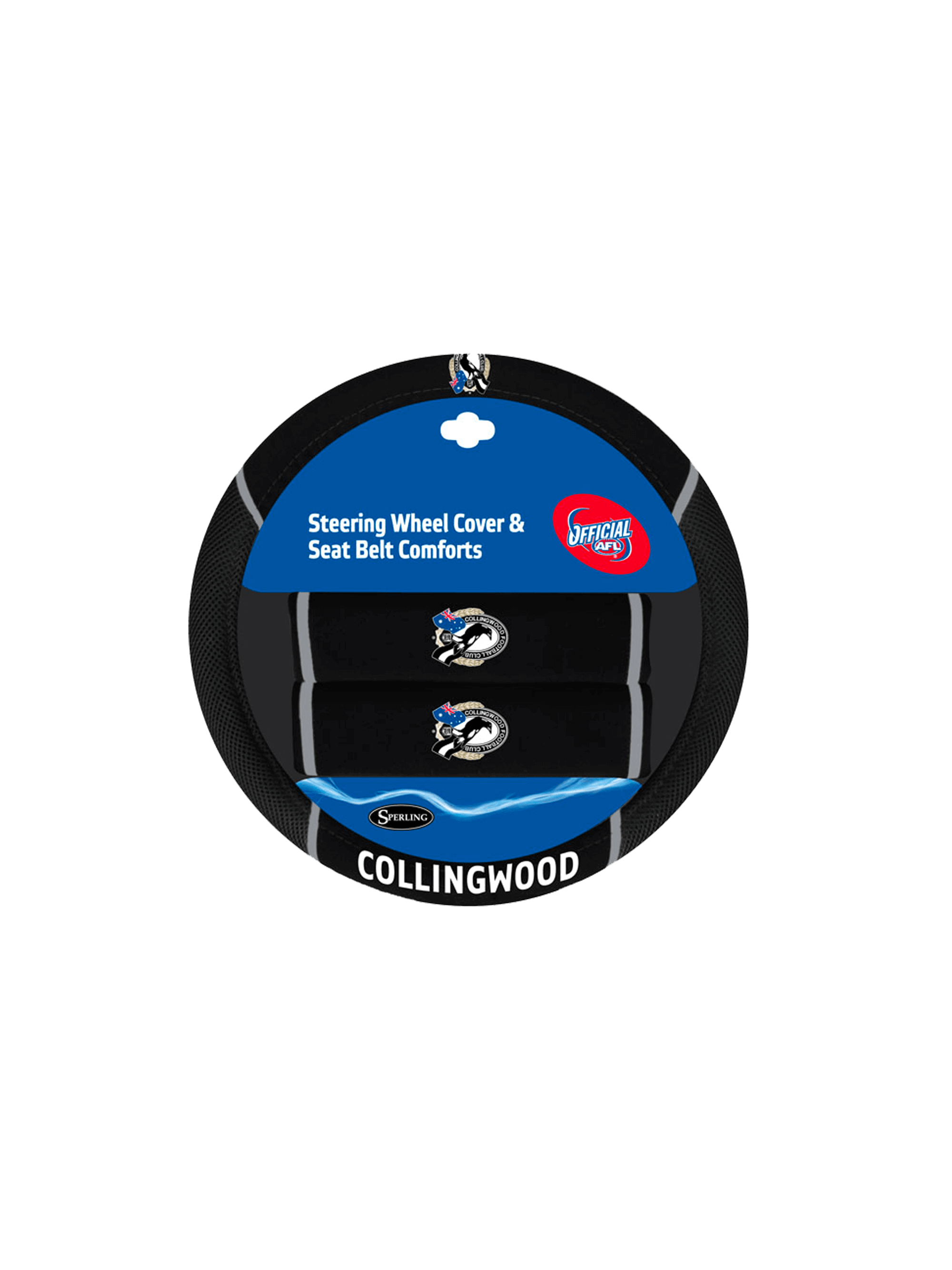 COLLINGWOOD MAGPIES STEERING WHEEL COVER AND SEAT BELT COMFORTS SET_COLLINGWOOD MAGPIES_STUBBY CLUB