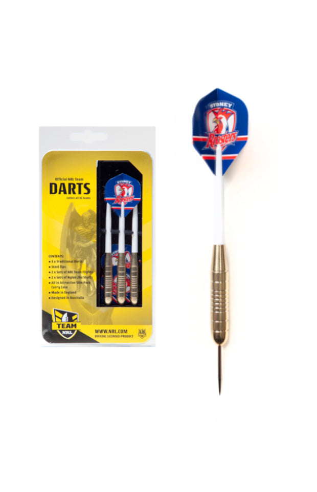 SYDENY ROOSTERS NRL BRASS DRATS 3 X SARTS FLIGHTS & SHAFTS IN CASE_SYDNEY ROOSTER_STUBBY CLUB