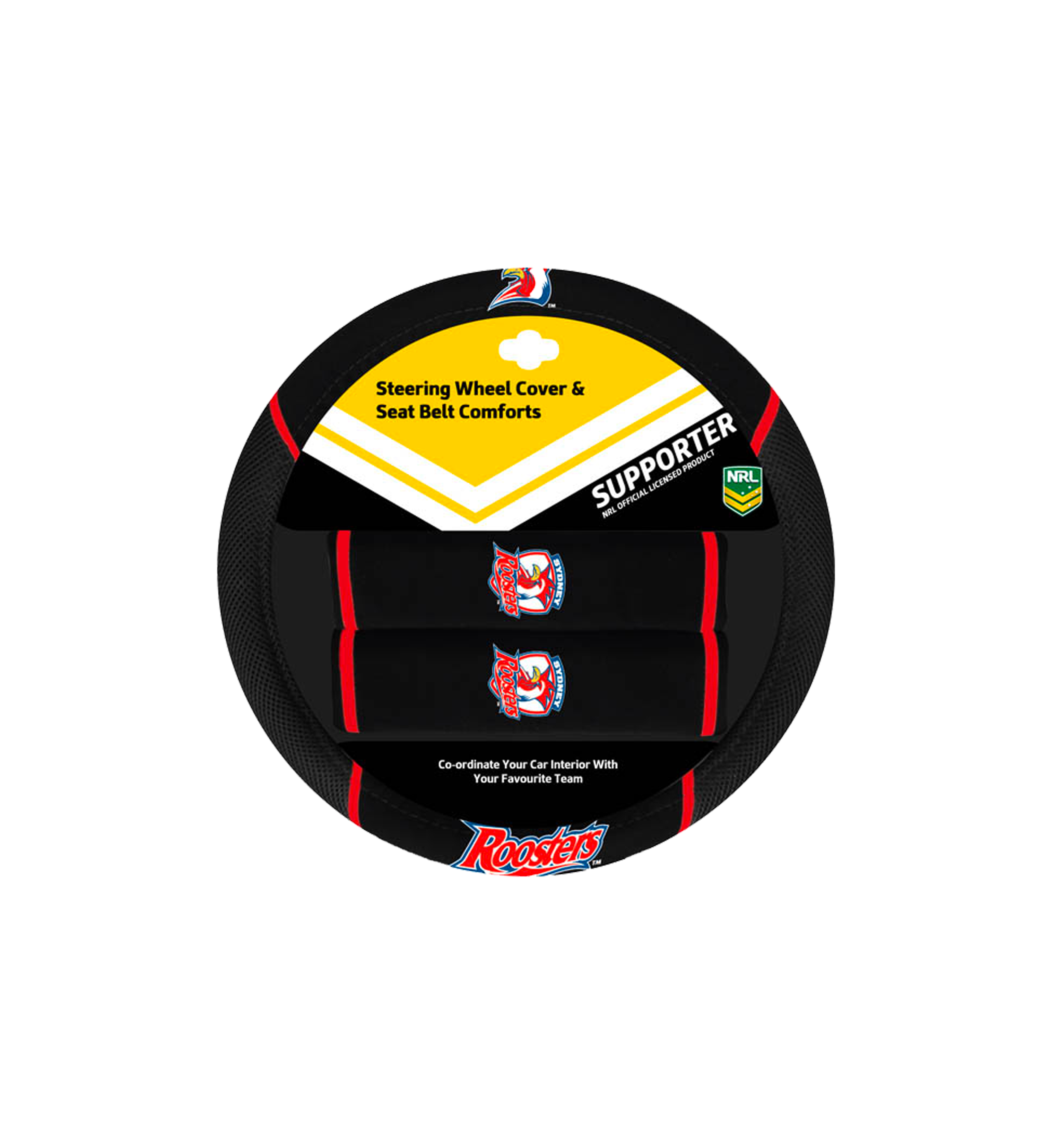 Sydney Roosters Steering Wheel Cover And Seat Belt Comforts Set