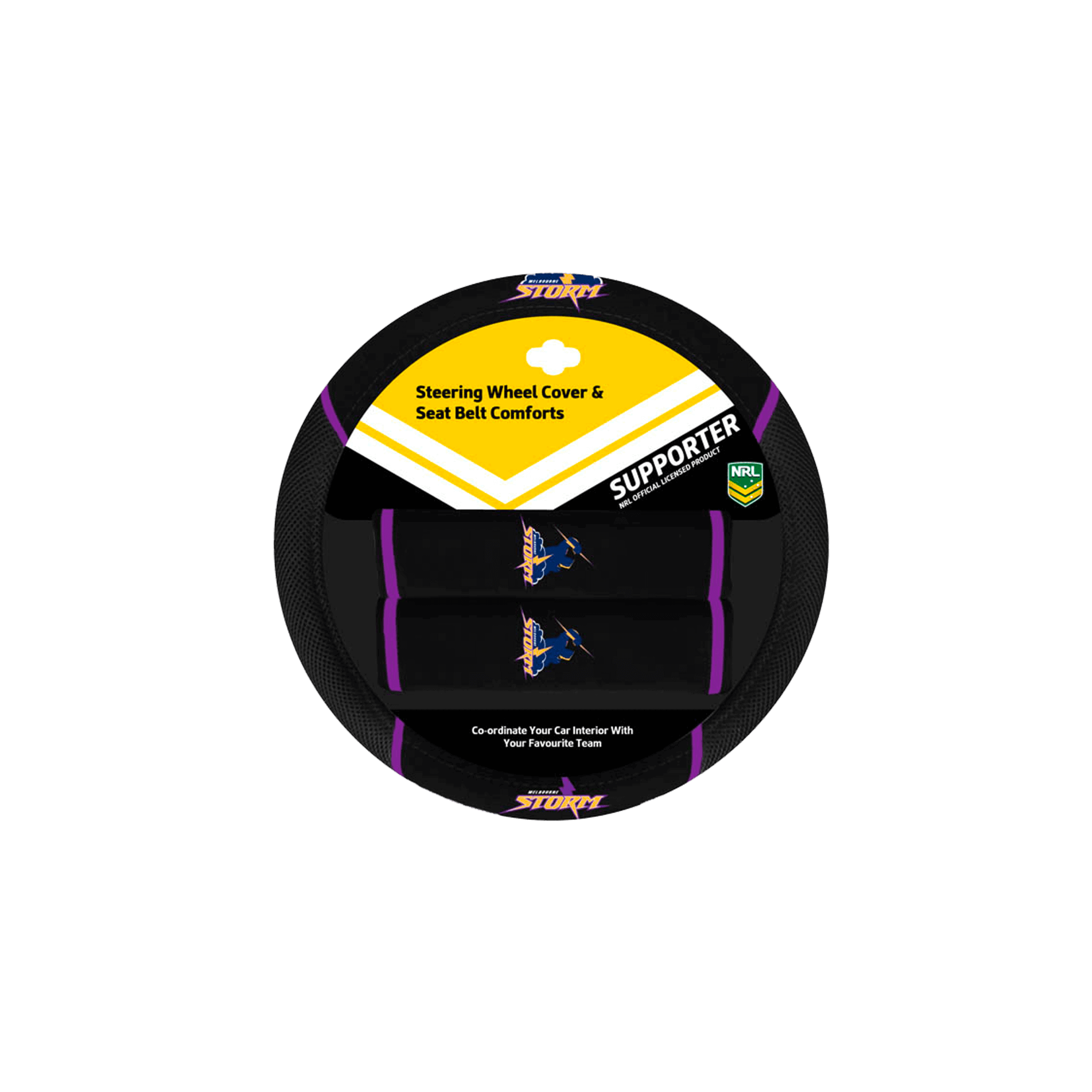 MELBOURNE STORM STEERING WHEEL COVER AND SEAT BELT COMFORTS SET_MELBOURNE STORM_STUBBY CLUB