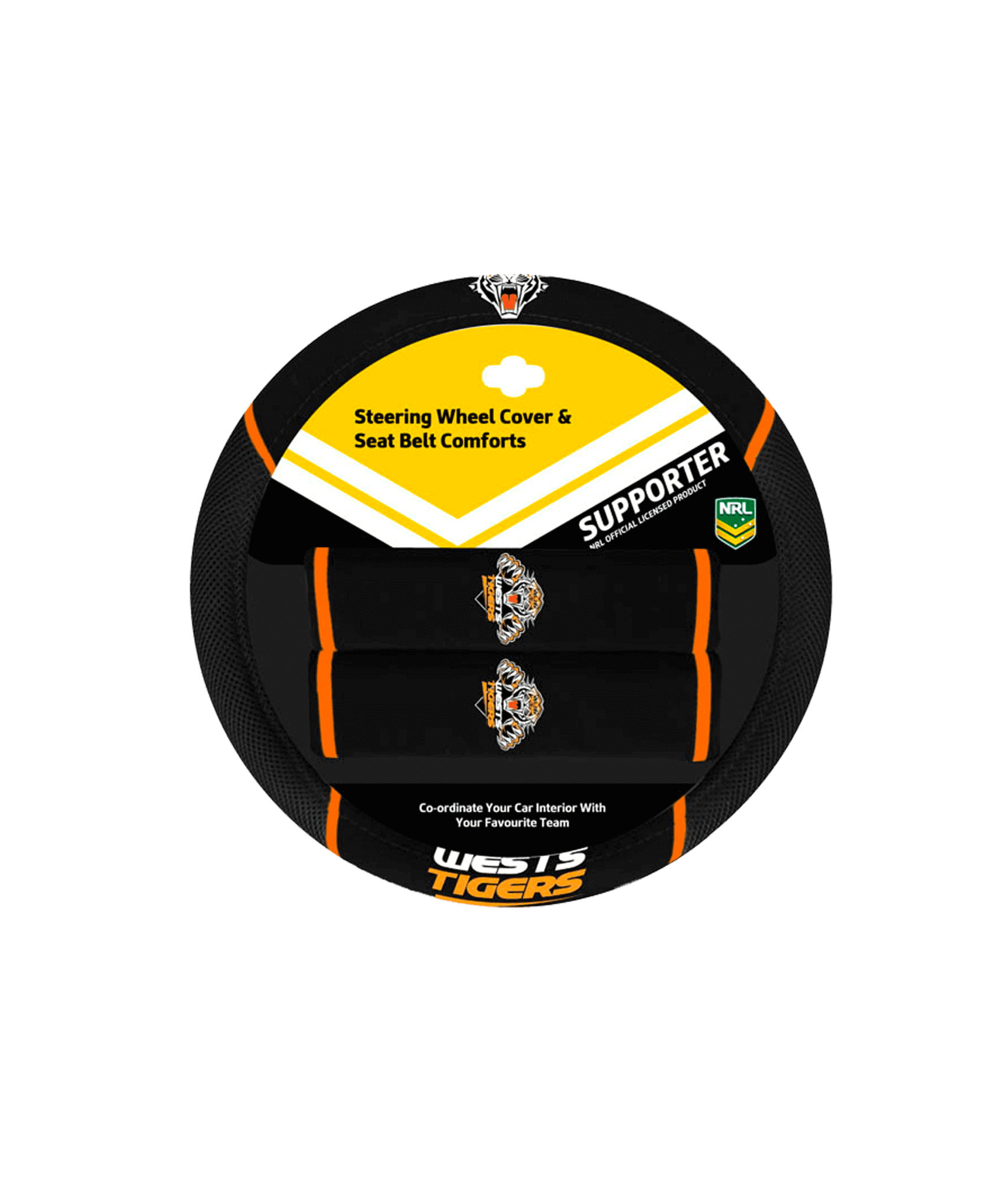 WESTS TIGERS STEERING WHEEL COVER AND SEATBELT COMFORTS SET_WESTS TIGERS_STUBBY CLUB